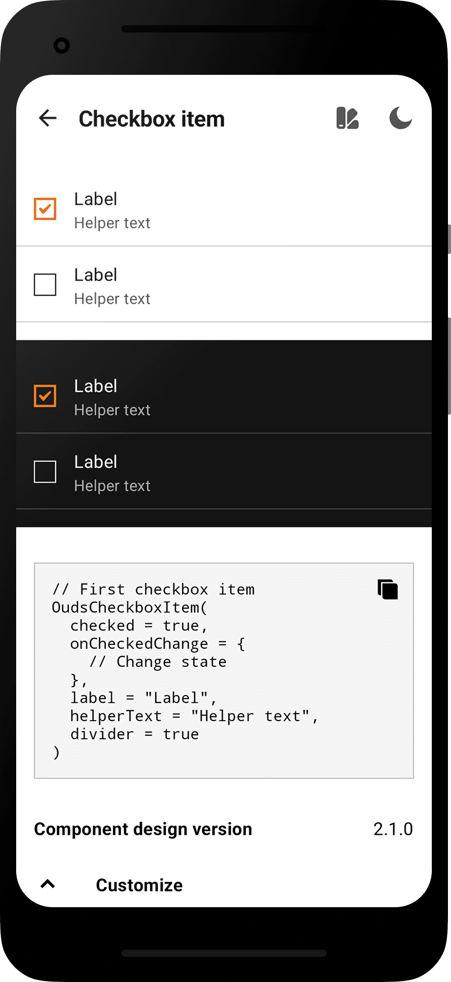 Android app - Checkbox item section showcase